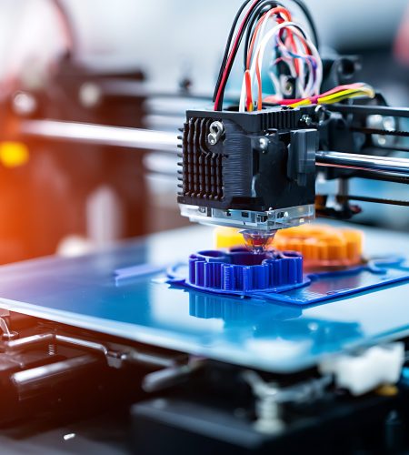 3D printer in operation creating plastic objects on build platform