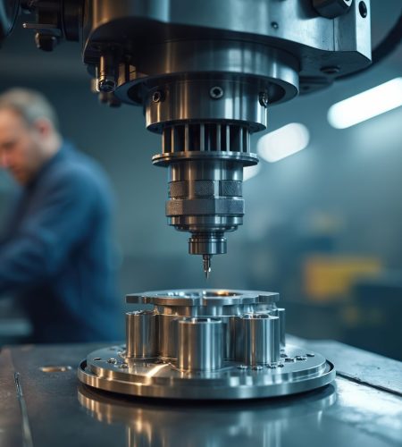 Metal part is shaped by CNC machine in workshop. Operator monitors production on computer screen. Precision engineering and advanced, manufacturing processes.