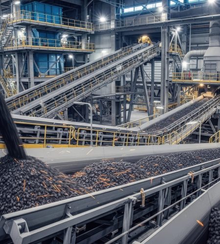 A view of a coal processing plant with conveyor belts and machinery transporting materials inside a building