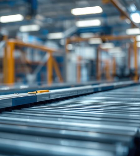 Industrial conveyor roller automated warehouse with shallow depth of field, metallic finish