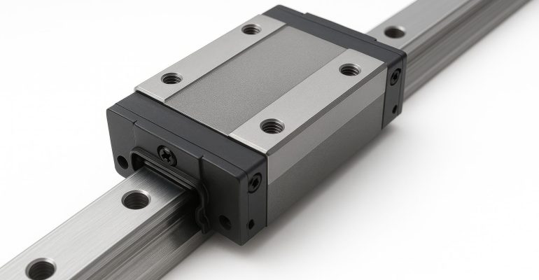 Precision linear motion bearing block and rail system on a white background